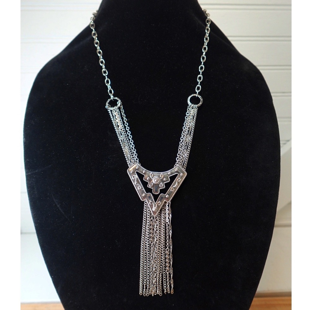Vintage Southwestern‎ Necklace Silver Tone Chain Y-Drop Tassel Fringe Jewelry